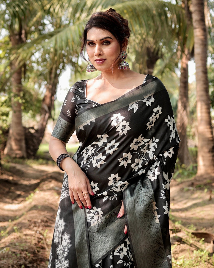 Pure Silk Digitally Printed Saree Weaved With Golden Zari Comes With Tassels - Almaari Fashion