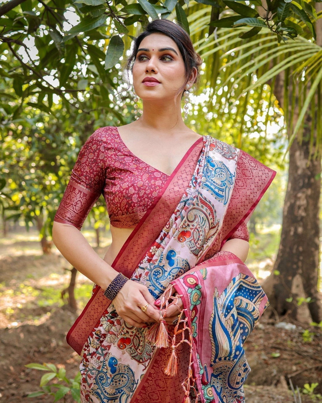 Pure Silk Digitally Printed Saree Weaved With Golden Zari Comes With Tassels - Almaari Fashion