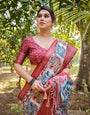 Blush Pink Digital Print Tussar Silk Saree with Zari Border and Peacock Motif Pallu