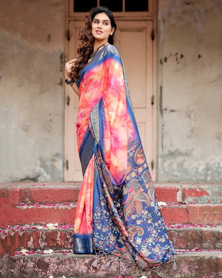 Pure Silk Digitally Printed Saree Weaved With Golden Zari Comes With Tassels - Almaari Fashion