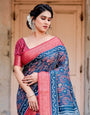 Teal Blue and Coral Tussar Silk Saree with Floral Weaves and Geometric Pallu