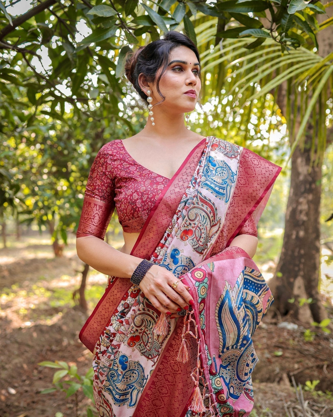 Pure Silk Digitally Printed Saree Weaved With Golden Zari Comes With Tassels - Almaari Fashion