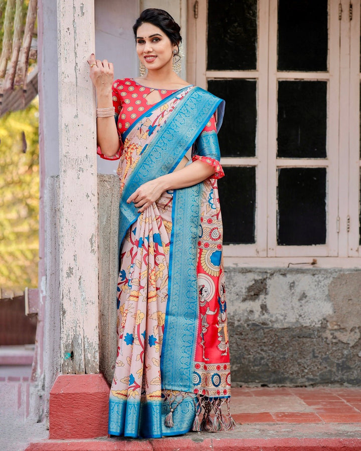 Pure Silk Digitally Printed Saree Weaved With Golden Zari Comes With Tassels - Almaari Fashion