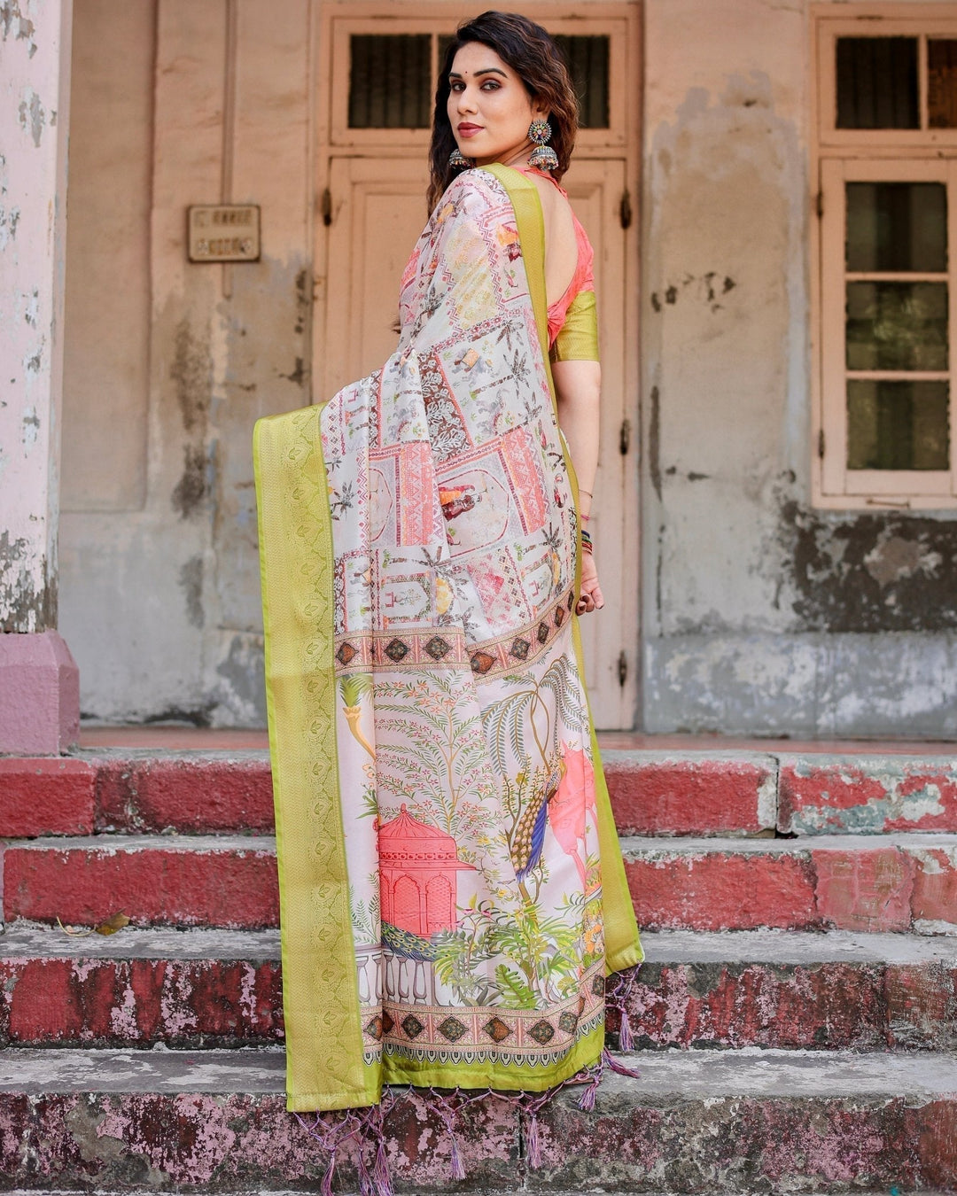 Pure Silk Digitally Printed Saree Weaved With Golden Zari Comes With Tassels - Almaari Fashion