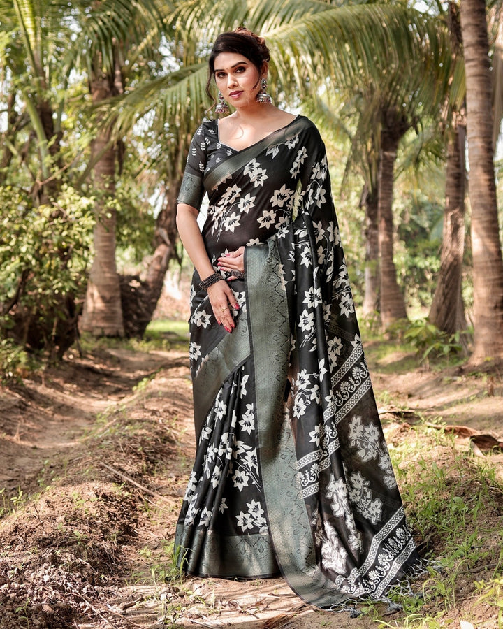 Pure Silk Digitally Printed Saree Weaved With Golden Zari Comes With Tassels - Almaari Fashion