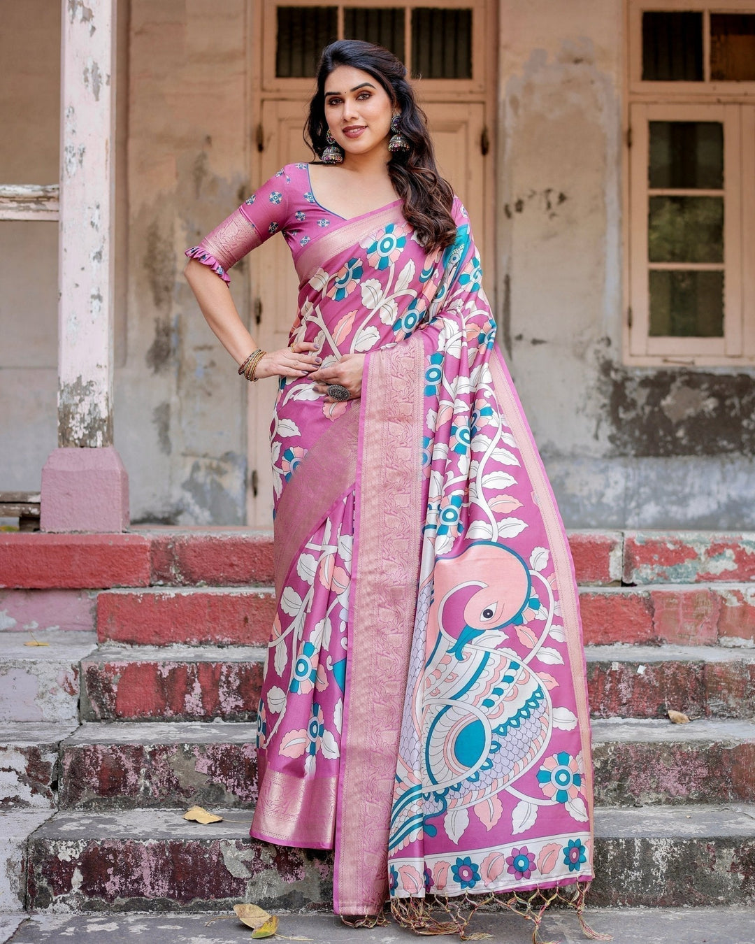 Pure Silk Digitally Printed Saree Weaved With Golden Zari Comes With Tassels - Almaari Fashion