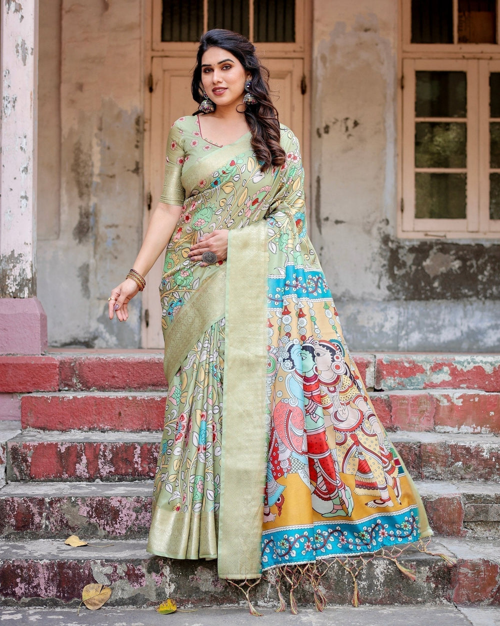 Pure Silk Digitally Printed Saree Weaved With Golden Zari Comes With Tassels - Almaari Fashion