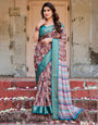 Maroon and Teal Tussar Silk Saree with Floral Zari Weave and Striped Pallu