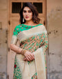 Emerald Green and Gold Tussar Silk Saree with Floral and Ornamental Motifs