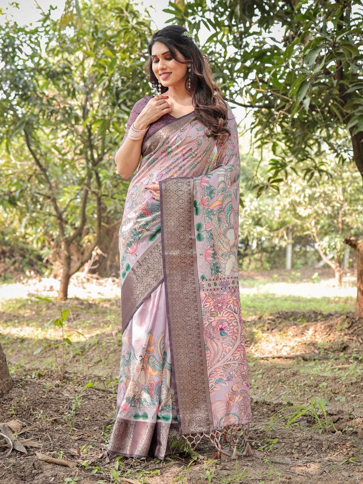 Pure Silk Digitally Printed Saree Weaved With Golden Zari Comes With Tassels - Almaari Fashion