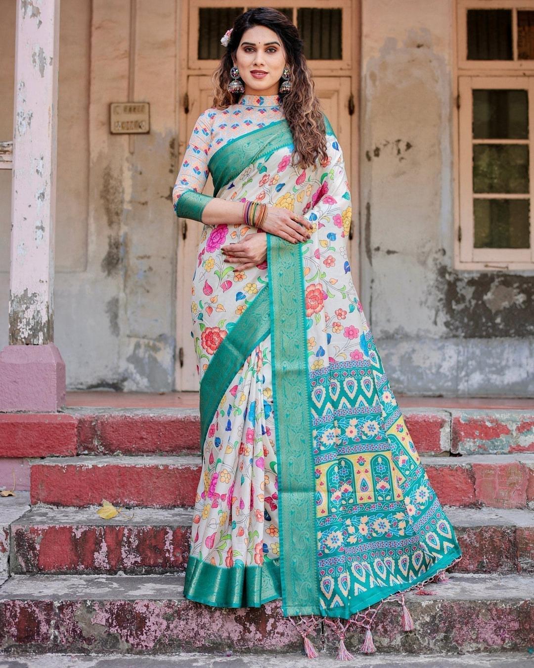 Pure Silk Digitally Printed Saree Weaved With Golden Zari Comes With Tassels - Almaari Fashion