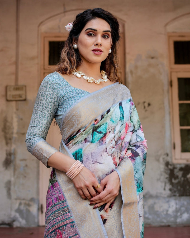 Pure Silk Digitally Printed Saree Weaved With Golden Zari Comes With Tassels - Almaari Fashion