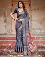 Navy Blue Tussar Silk Saree with Geometric Patterns, Zari Border, and Vibrant Pallu