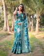 Teal Blue Tussar Silk Saree with White Floral Design, Gold Zari Border & Tassel Pallu