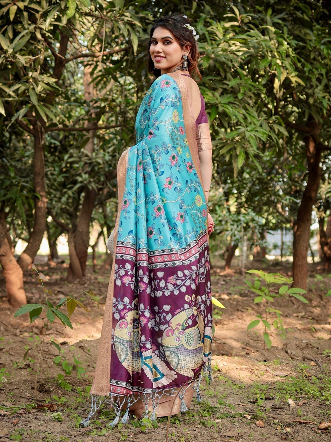 Pure Silk Digitally Printed Saree Weaved With Golden Zari Comes With Tassels - Almaari Fashion