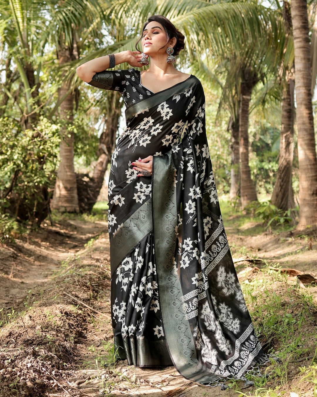 Pure Silk Digitally Printed Saree Weaved With Golden Zari Comes With Tassels - Almaari Fashion