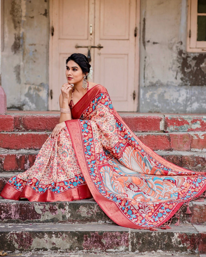 Pure Silk Digitally Printed Saree Weaved With Golden Zari Comes With Tassels - Almaari Fashion