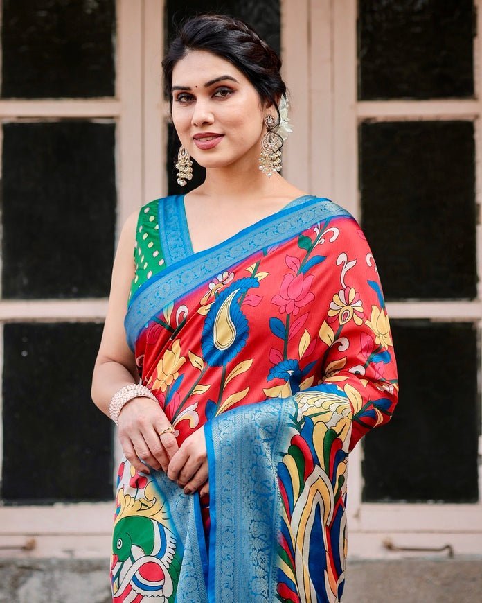 Pure Silk Digitally Printed Saree Weaved With Golden Zari Comes With Tassels - Almaari Fashion