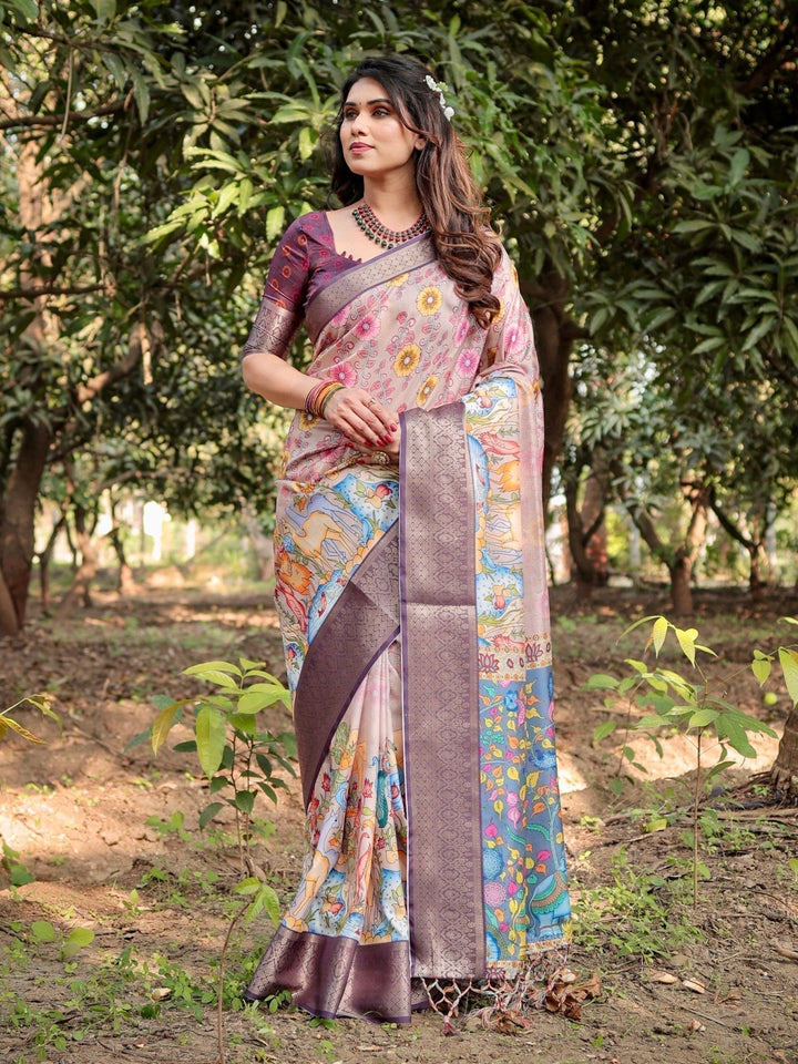 Pure Silk Digitally Printed Saree Weaved With Golden Zari Comes With Tassels - Almaari Fashion