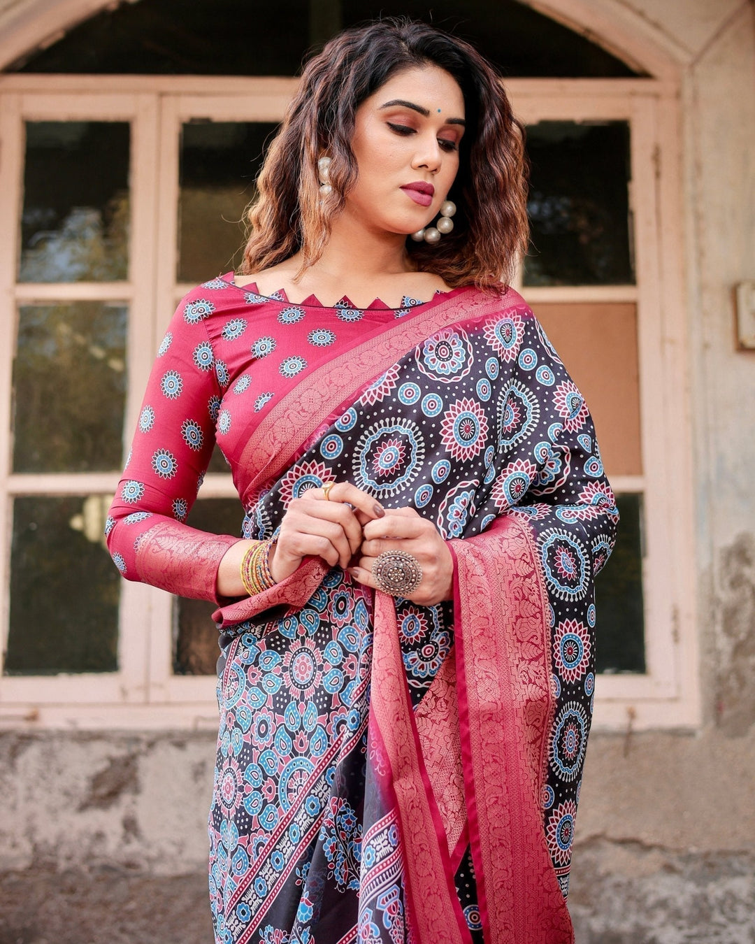 Pure Silk Digitally Printed Saree Weaved With Golden Zari Comes With Tassels - Almaari Fashion