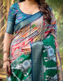 Multicolored Digital Print Tussar Silk Saree with Intricate Zari Border and Elephant Motif Pallu