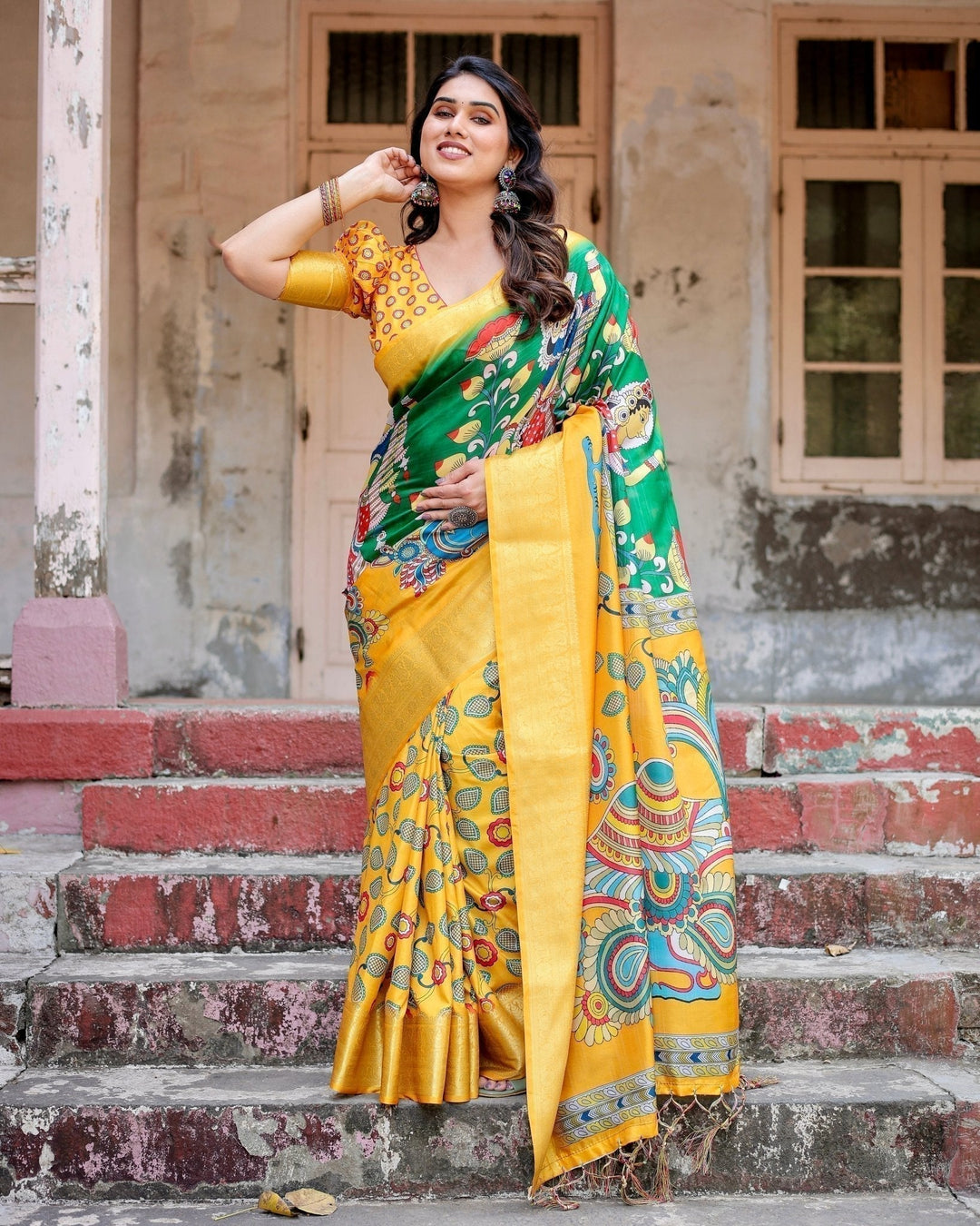 Pure Silk Digitally Printed Saree Weaved With Golden Zari Comes With Tassels - Almaari Fashion