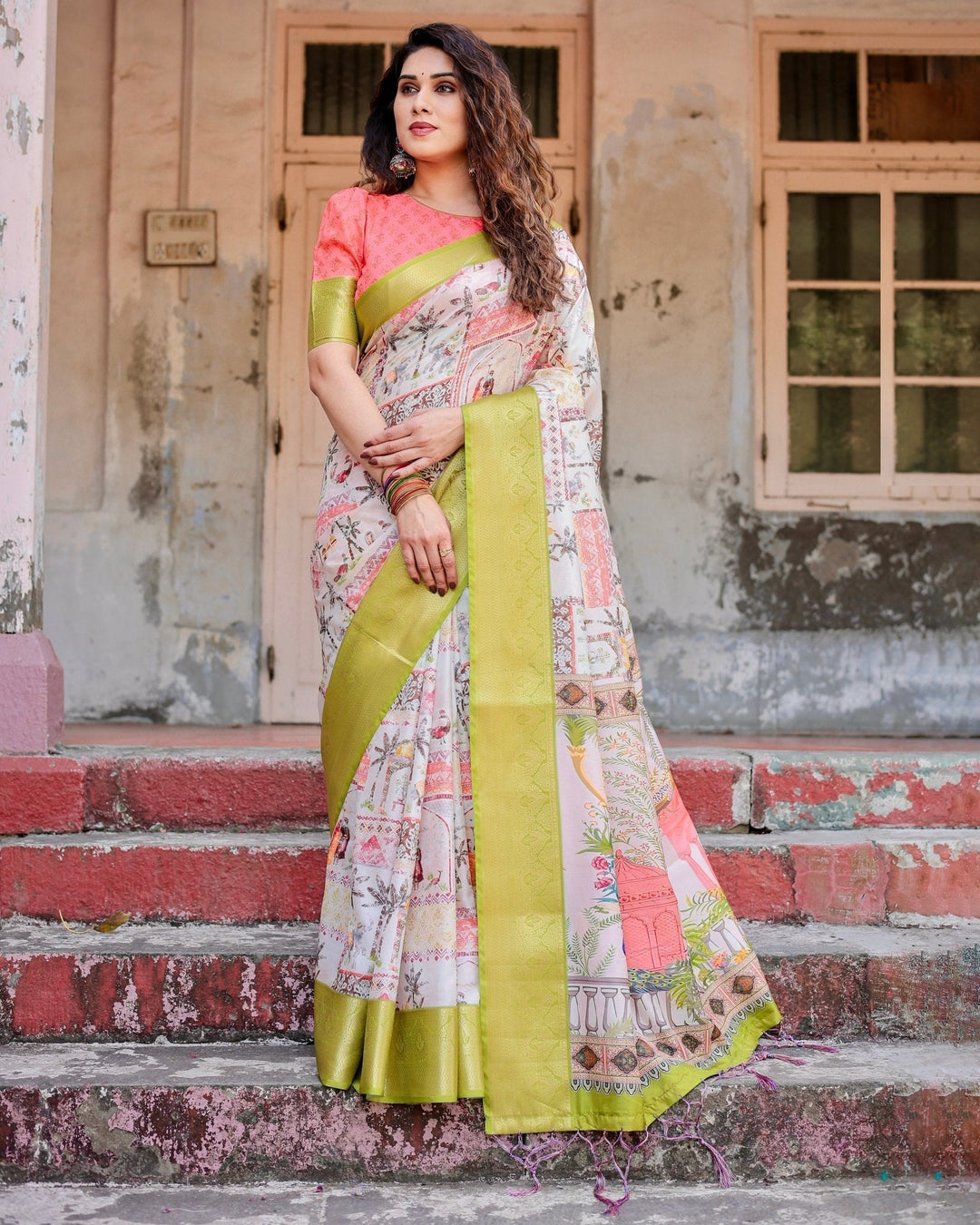 Pure Silk Digitally Printed Saree Weaved With Golden Zari Comes With Tassels - Almaari Fashion