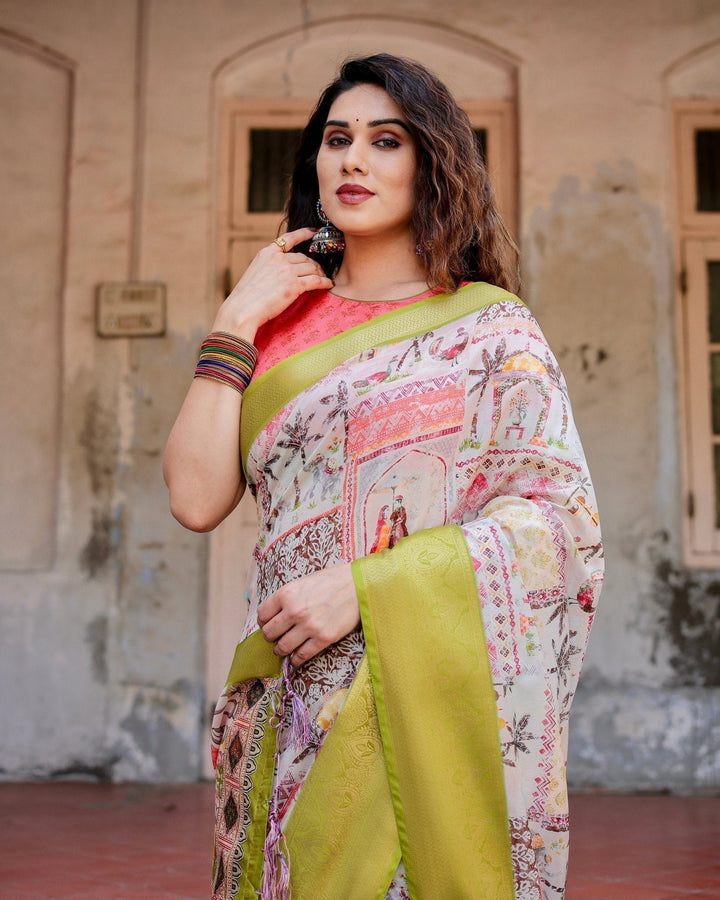 Pure Silk Digitally Printed Saree Weaved With Golden Zari Comes With Tassels - Almaari Fashion