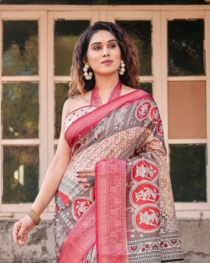 Pure Silk Digitally Printed Saree Weaved With Golden Zari Comes With Tassels - Almaari Fashion