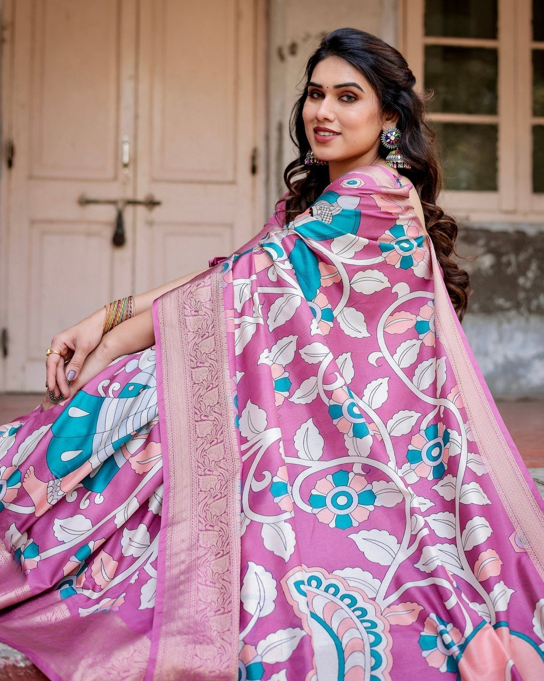 Pure Silk Digitally Printed Saree Weaved With Golden Zari Comes With Tassels - Almaari Fashion