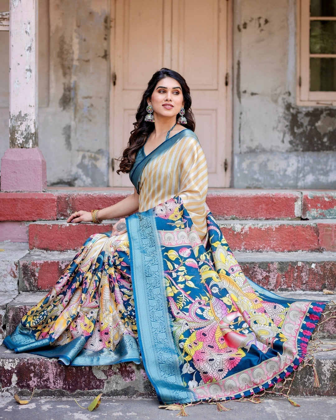 Pure Silk Digitally Printed Saree Weaved With Golden Zari Comes With Tassels - Almaari Fashion