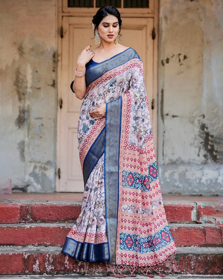 Pure Silk Digitally Printed Saree Weaved With Golden Zari Comes With Tassels - Almaari Fashion