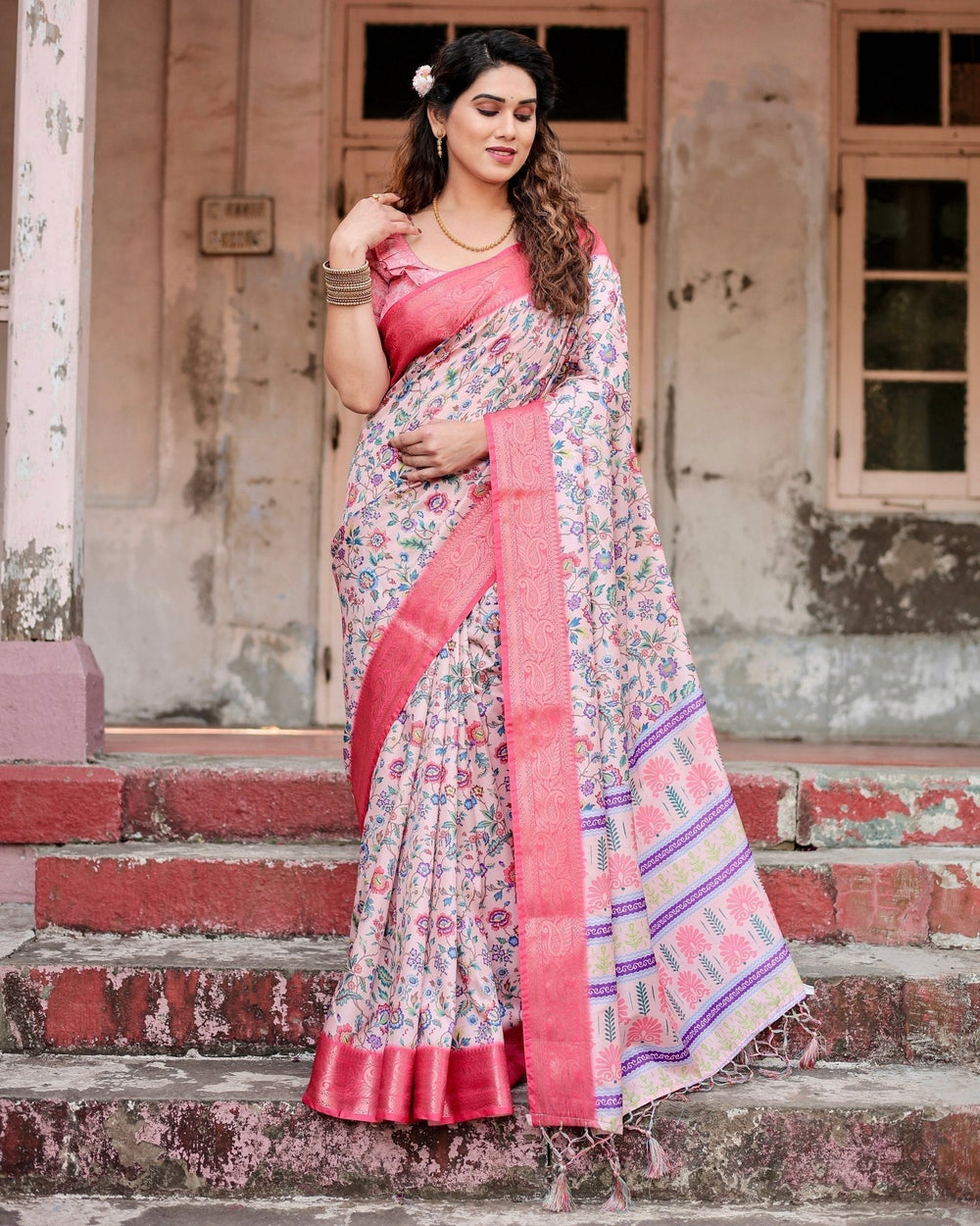 Pure Silk Digitally Printed Saree Weaved With Golden Zari Comes With Tassels - Almaari Fashion