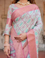 Pastel Pink and Mint Green Geometric Tussar Silk Saree with Zari Paisley Border