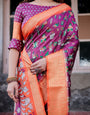 Wine Purple and Orange Tussar Silk Saree with Floral Motifs and Artistic Pallu