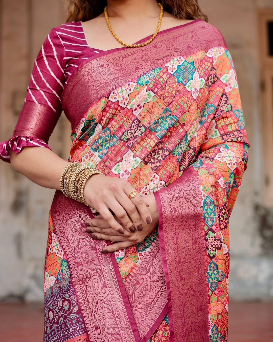 Pure Silk Digitally Printed Saree Weaved With Golden Zari Comes With Tassels - Almaari Fashion