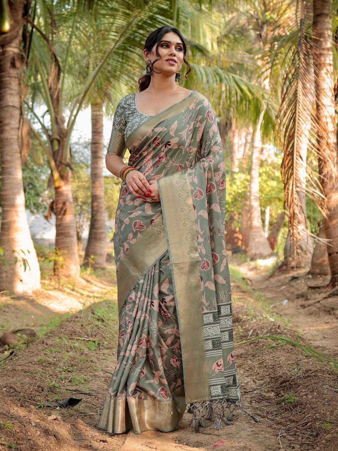 Pure Silk Digitally Printed Saree Weaved With Golden Zari Comes With Tassels - Almaari Fashion