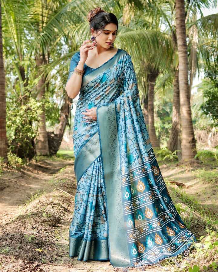 Pure Silk Digitally Printed Saree Weaved With Golden Zari Comes With Tassels - Almaari Fashion