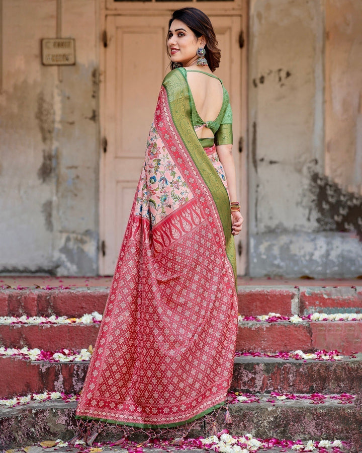 Pure Silk Digitally Printed Saree Weaved With Golden Zari Comes With Tassels - Almaari Fashion