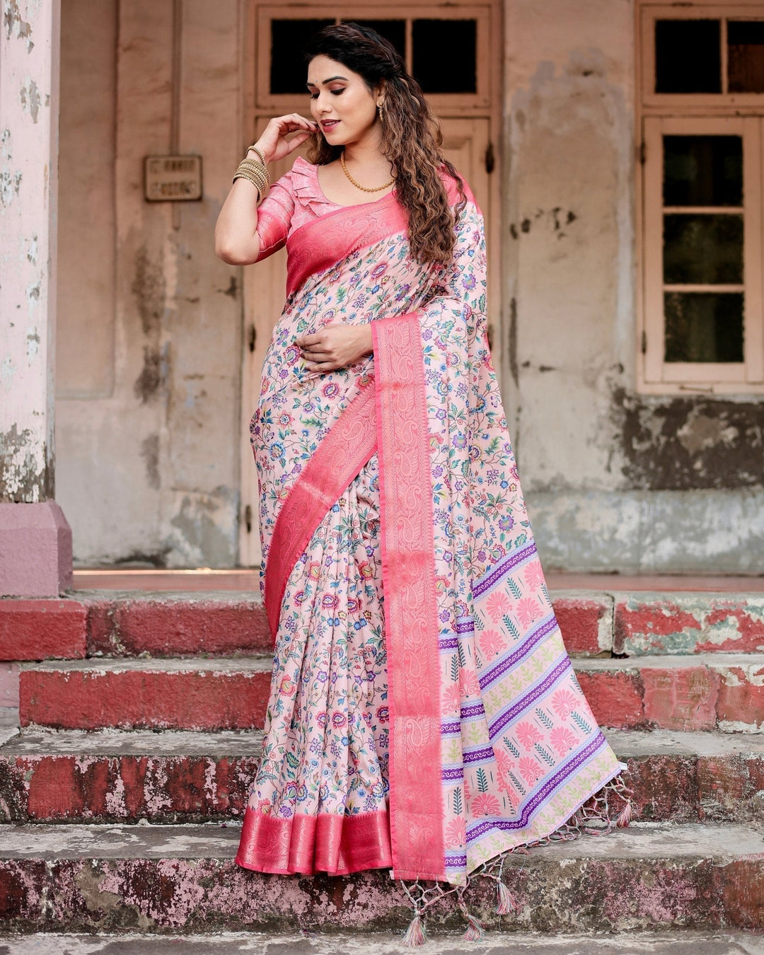 Pure Silk Digitally Printed Saree Weaved With Golden Zari Comes With Tassels - Almaari Fashion