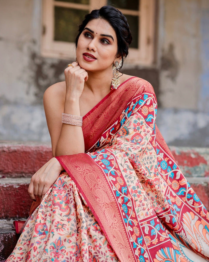 Pure Silk Digitally Printed Saree Weaved With Golden Zari Comes With Tassels - Almaari Fashion