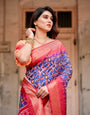 Royal Blue and Red Tussar Silk Saree with Geometric Patterns and Ornate Zari Border