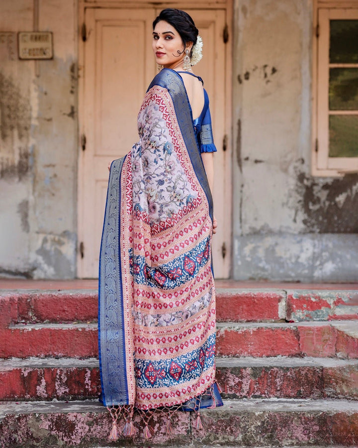 Pure Silk Digitally Printed Saree Weaved With Golden Zari Comes With Tassels - Almaari Fashion