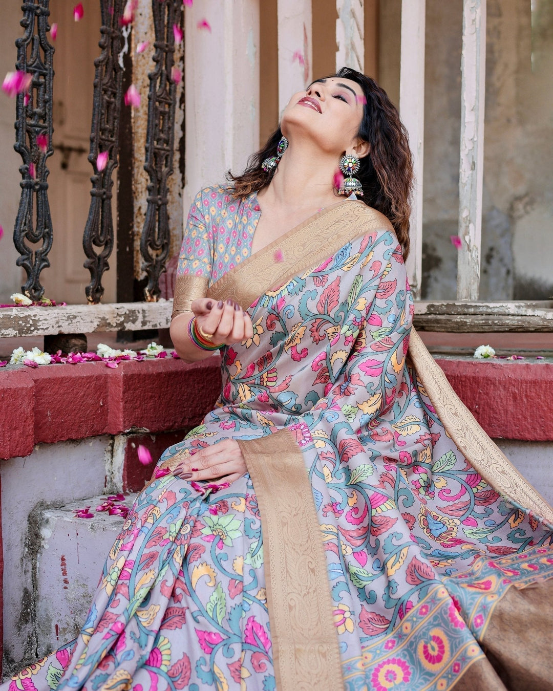 Pure Silk Digitally Printed Saree Weaved With Golden Zari Comes With Tassels - Almaari Fashion