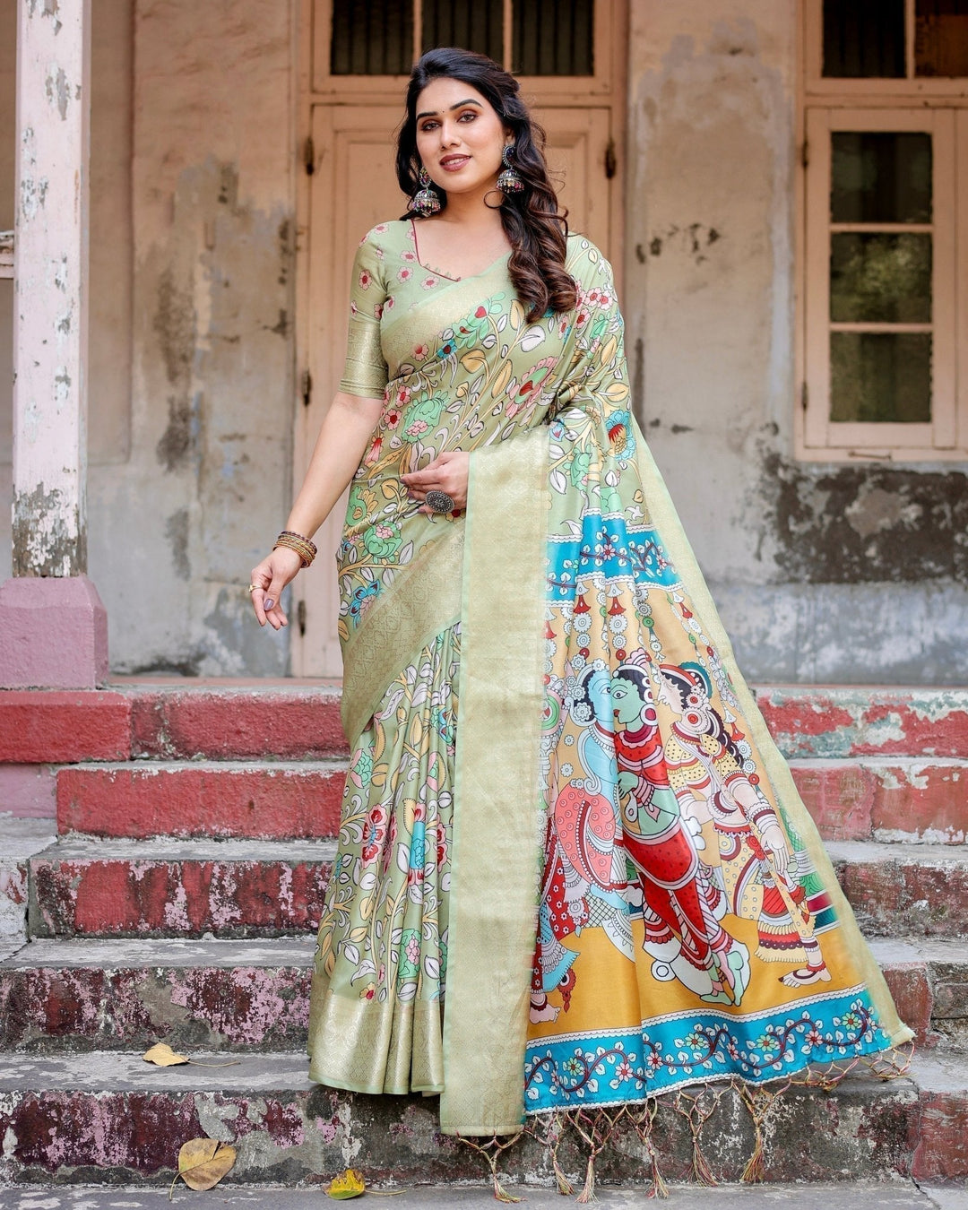 Pure Silk Digitally Printed Saree Weaved With Golden Zari Comes With Tassels - Almaari Fashion