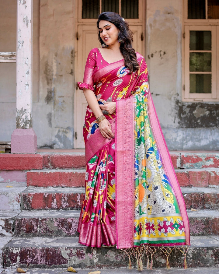 Pure Silk Digitally Printed Saree Weaved With Golden Zari Comes With Tassels - Almaari Fashion