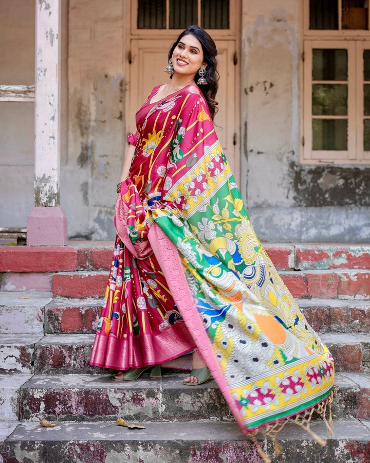 Pure Silk Digitally Printed Saree Weaved With Golden Zari Comes With Tassels - Almaari Fashion