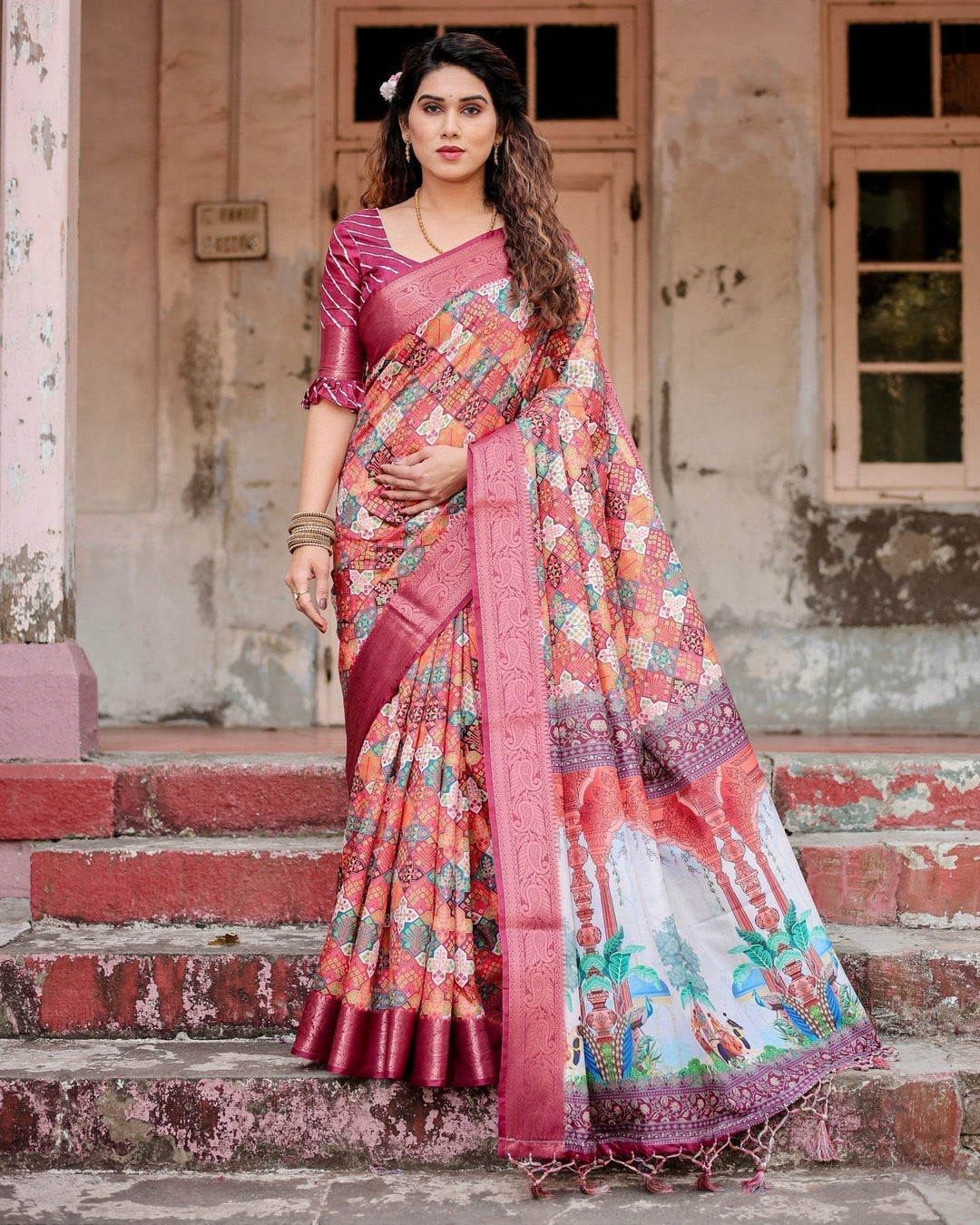 Pure Silk Digitally Printed Saree Weaved With Golden Zari Comes With Tassels - Almaari Fashion