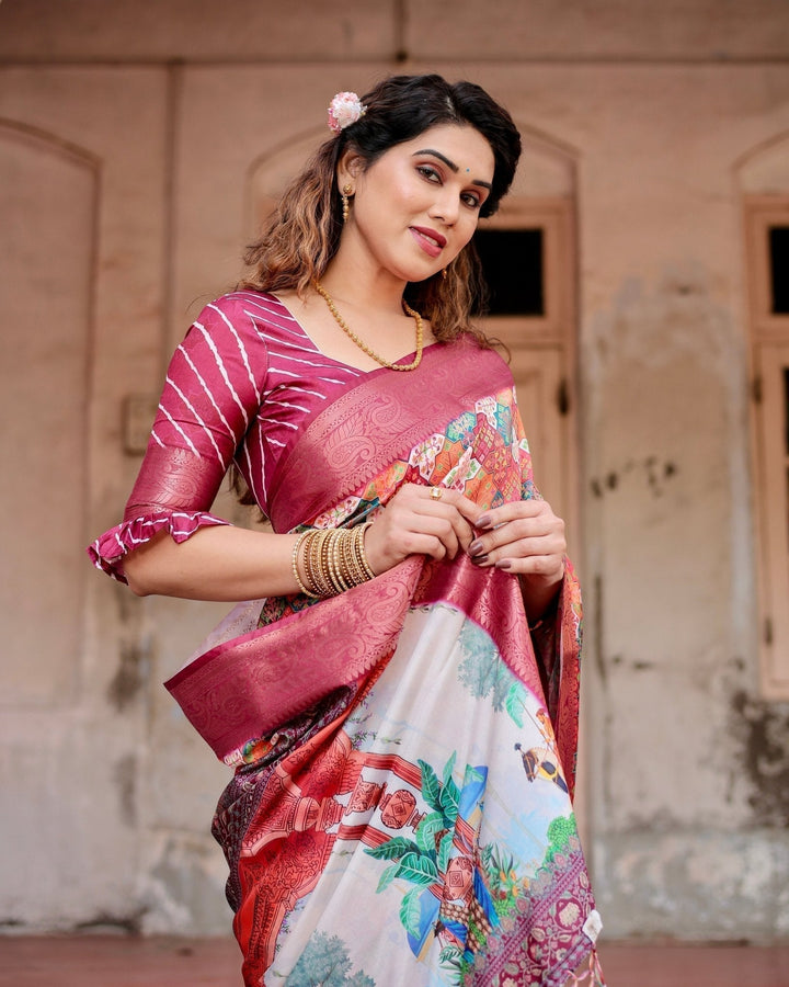 Pure Silk Digitally Printed Saree Weaved With Golden Zari Comes With Tassels - Almaari Fashion