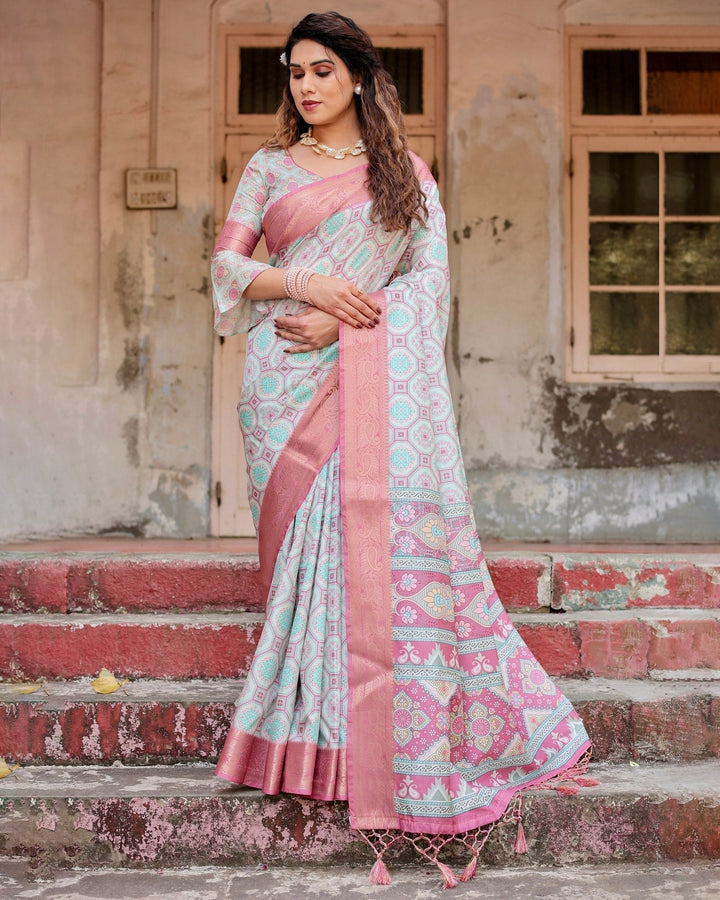 Pure Silk Digitally Printed Saree Weaved With Golden Zari Comes With Tassels - Almaari Fashion